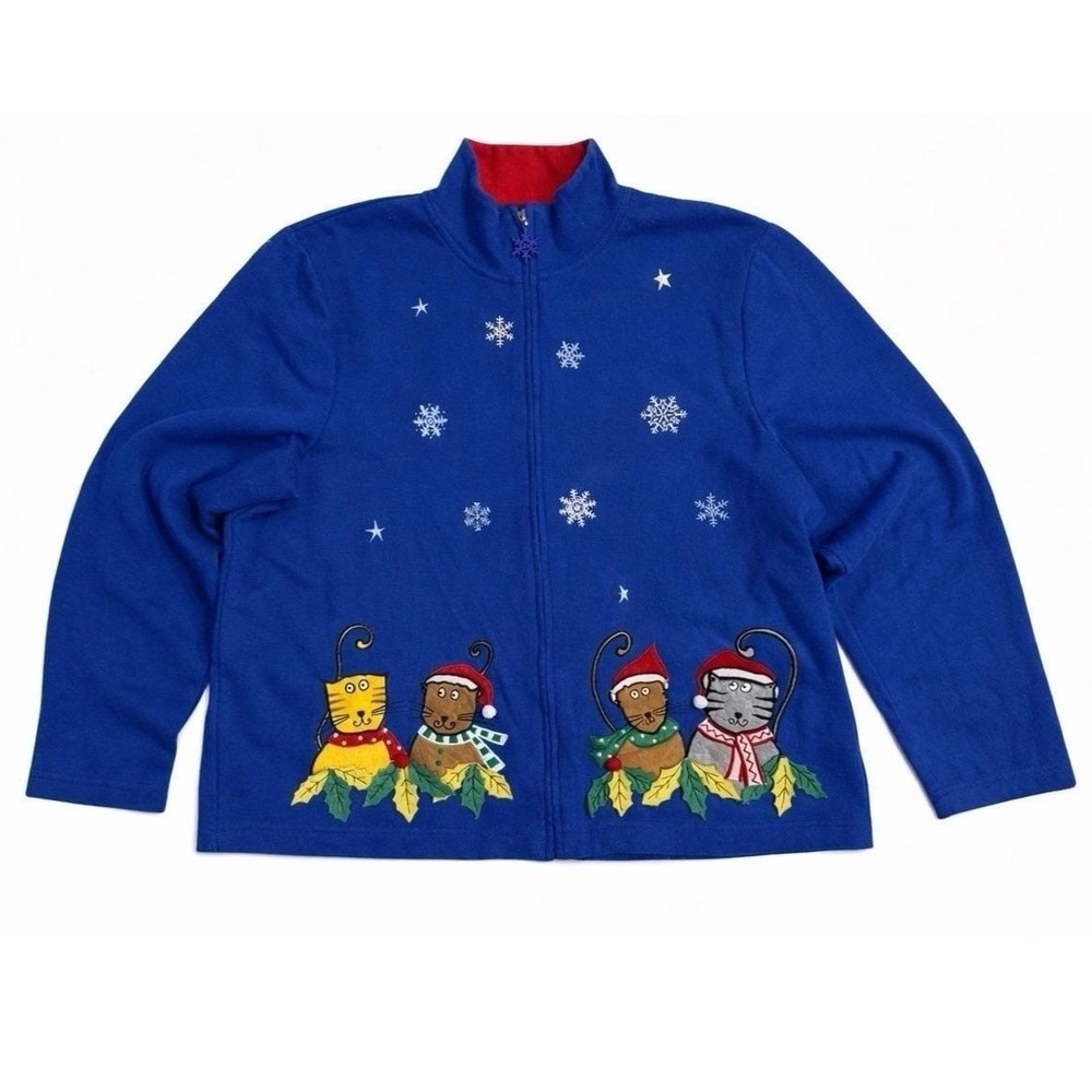 Onque Casuals Holiday Cat Zip Sweatshirt Womens XL Blue Christmas Embroidered